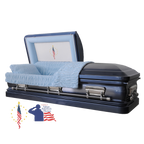 The Hero UC Blue Flag casket — blue 18-gauge steel with blue velvet interior (view 2)