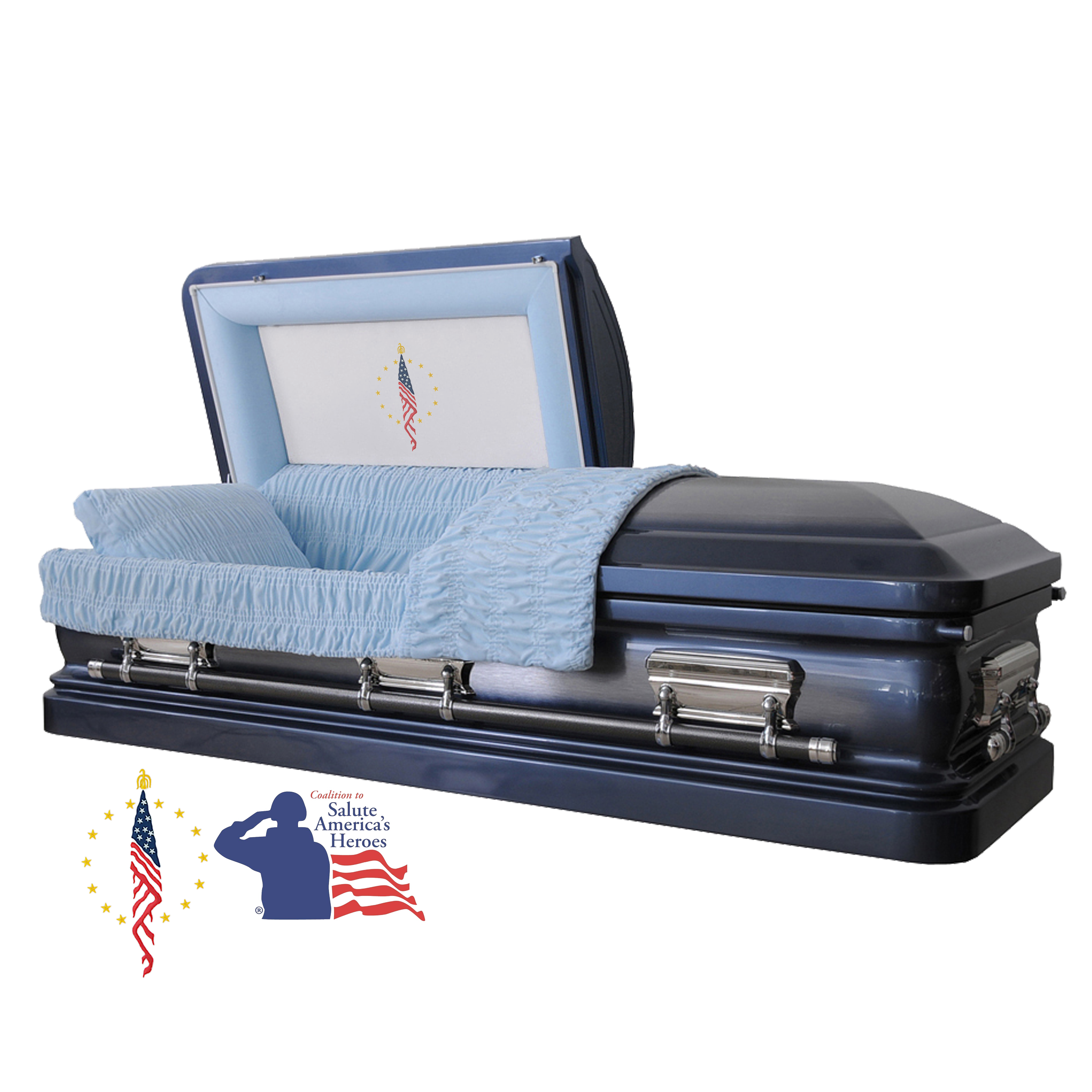 The Hero UC Blue Flag casket — blue 18-gauge steel with blue velvet interior (view 2)