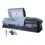 The Hero UC Blue Flag casket — blue 18-gauge steel with blue velvet interior