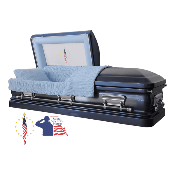 The Hero UC Blue Flag casket — blue 18-gauge steel with blue velvet interior