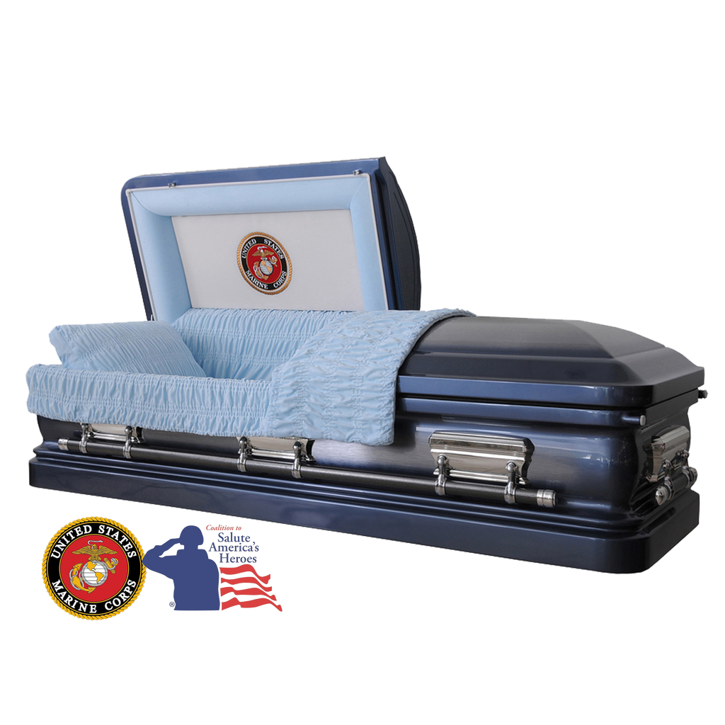 The Hero UC Blue Marine Corps casket — blue 18-gauge steel with blue velvet interior (view 2)