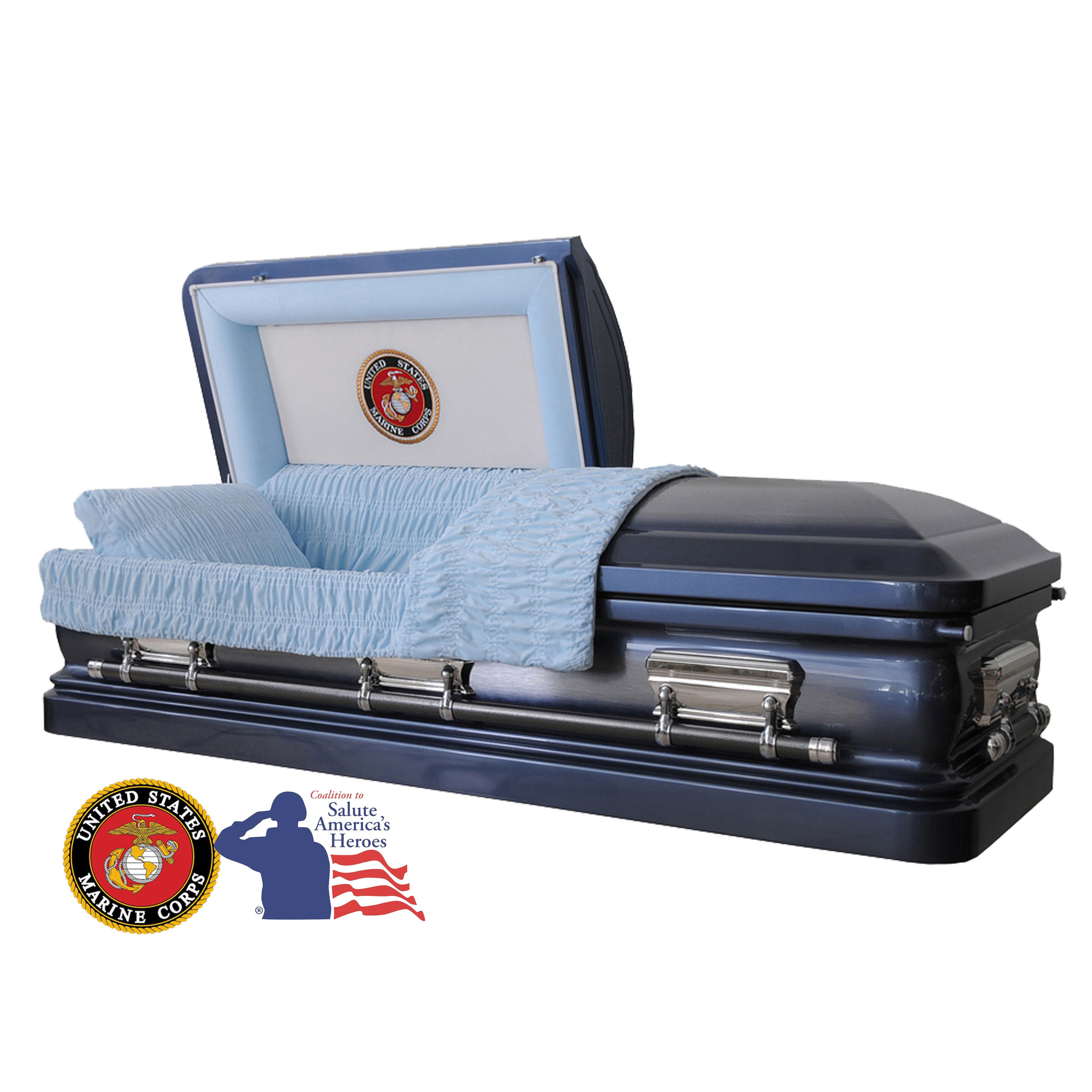 The Hero UC Blue Marine Corps casket — blue 18-gauge steel with blue velvet interior (view 2)