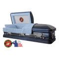 The Hero UC Blue Marine Corps casket — blue 18-gauge steel with blue velvet interior