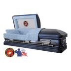 The Hero UC Blue Marine Corps casket — blue 18-gauge steel with blue velvet interior