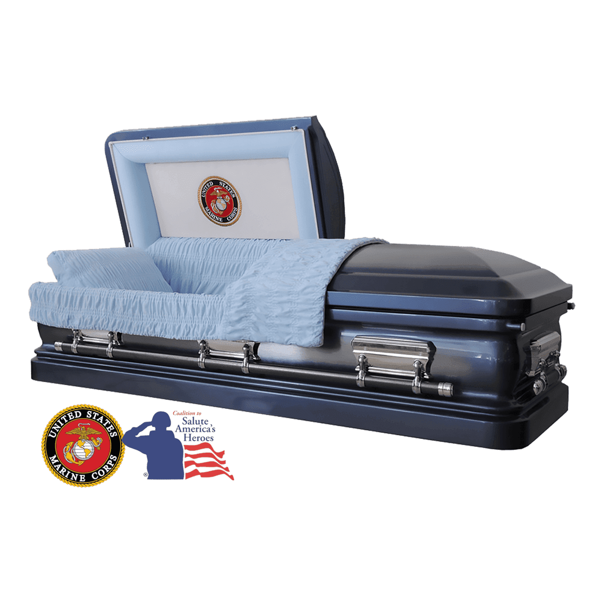The Hero UC Blue Marine Corps casket — blue 18-gauge steel with blue velvet interior