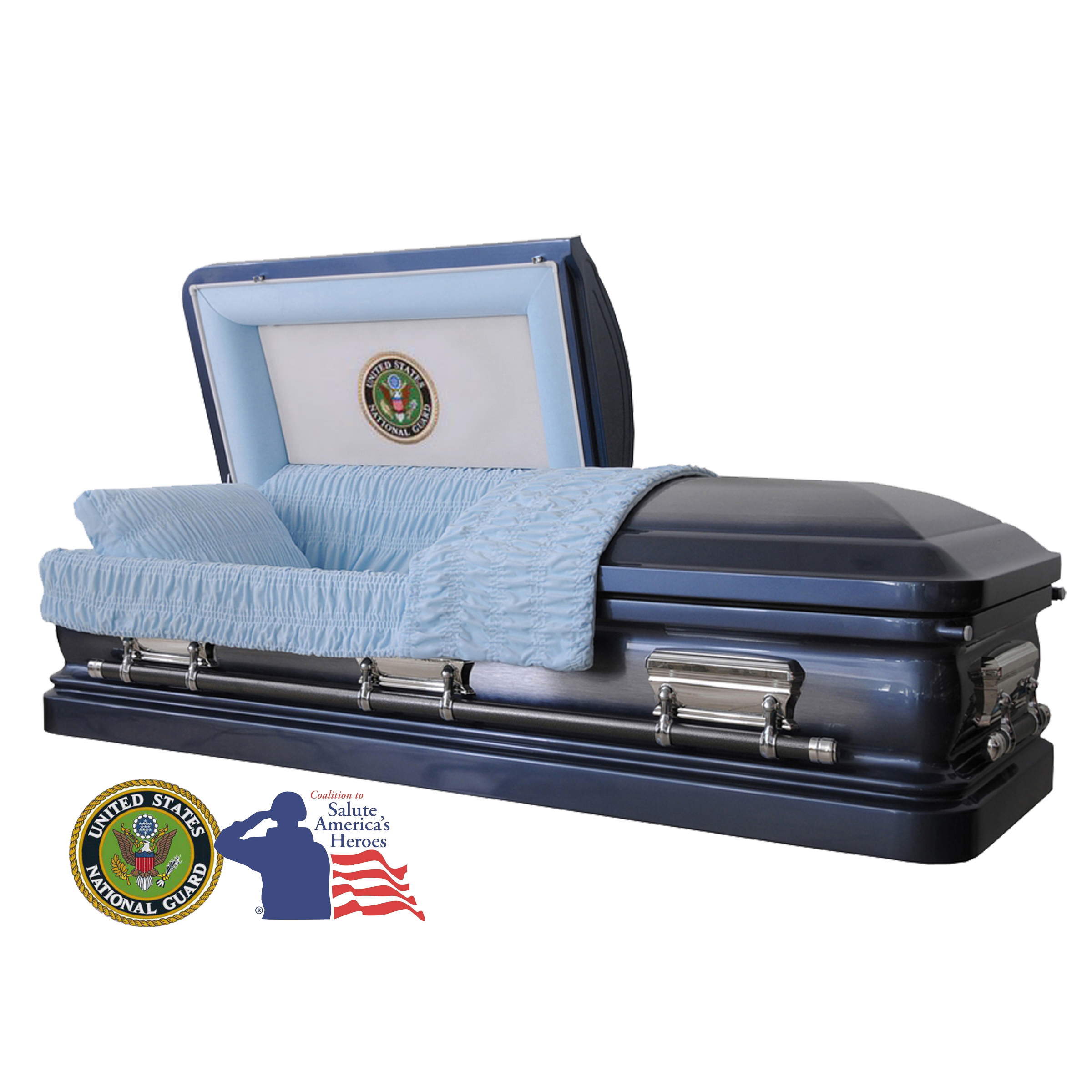 The Hero UC Blue National Guard casket — blue 18-gauge steel with blue velvet interior (view 2)