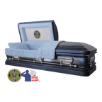 The Hero UC Blue National Guard casket — blue 18-gauge steel with blue velvet interior