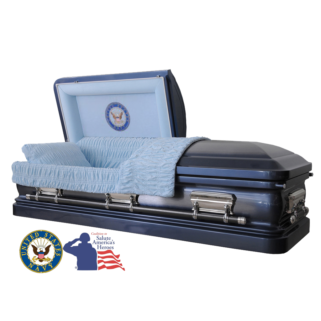 The Hero UC Blue Navy casket — blue 18-gauge steel with blue velvet interior (view 2)