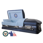 The Hero UC Blue Navy casket — blue 18-gauge steel with blue velvet interior (view 2)