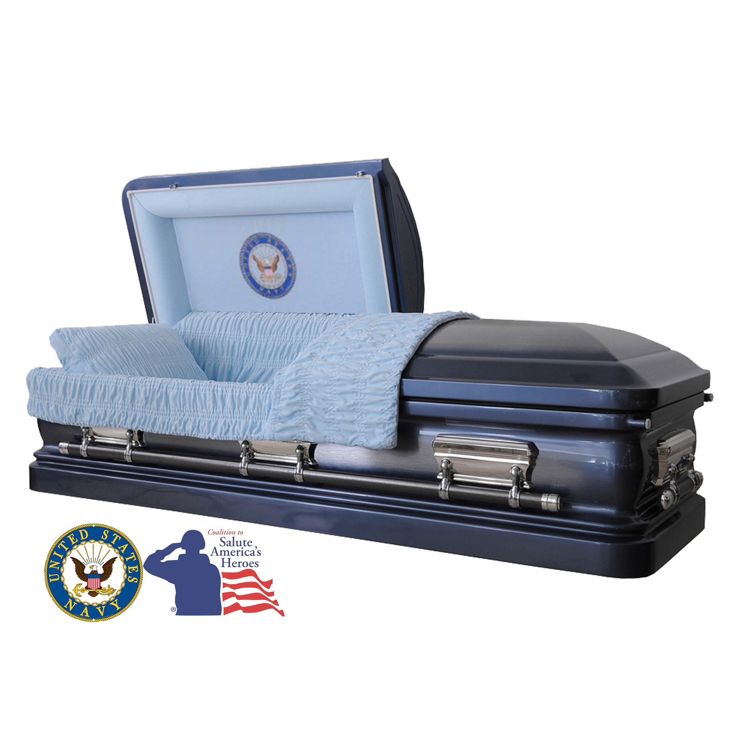 The Hero UC Blue Navy casket — blue 18-gauge steel with blue velvet interior (view 2)