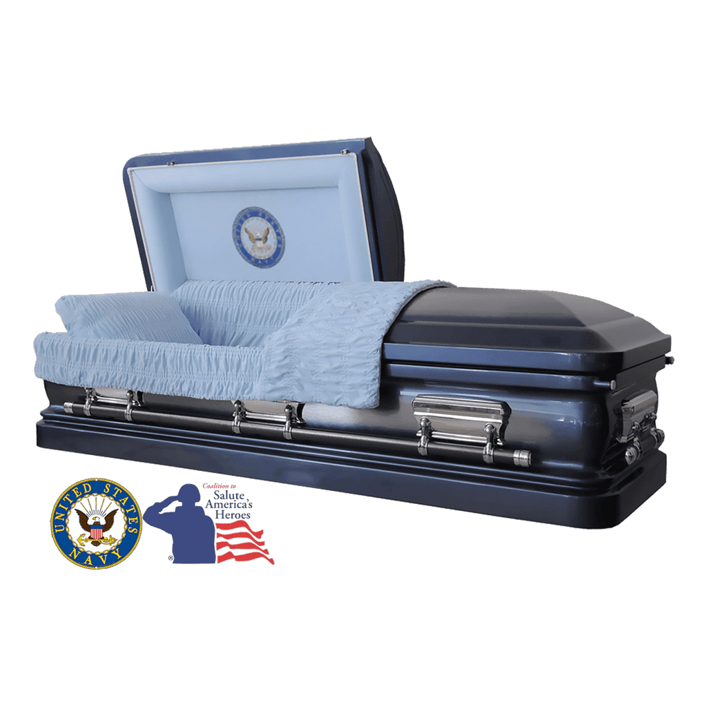 The Hero UC Blue Navy casket — blue 18-gauge steel with blue velvet interior