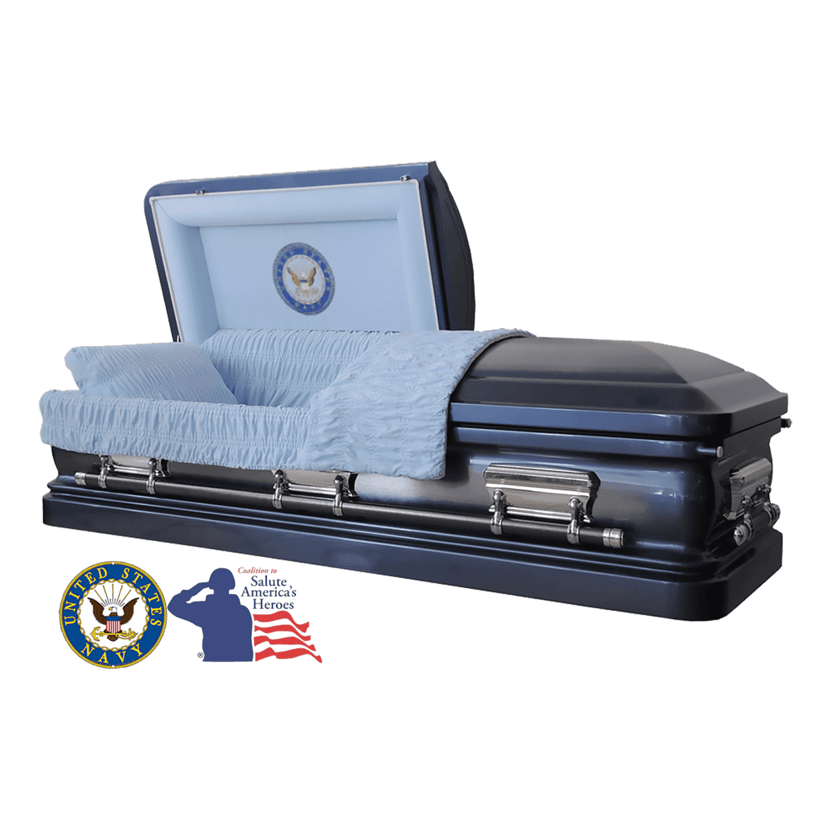 The Hero UC Blue Navy casket — blue 18-gauge steel with blue velvet interior