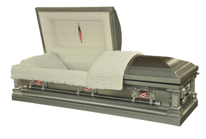 The Veteran Stainless Steel casket — silver stainless steel with white velvet interior