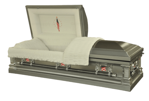 The Veteran Stainless Steel casket — silver stainless steel with white velvet interior