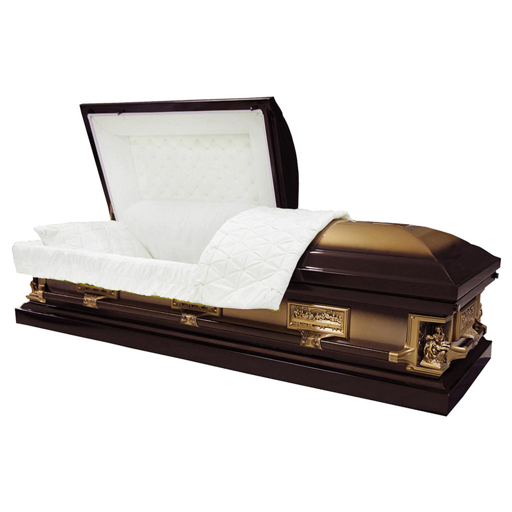 Pieta casket — bronze 18-gauge steel with white velvet interior (view 2)