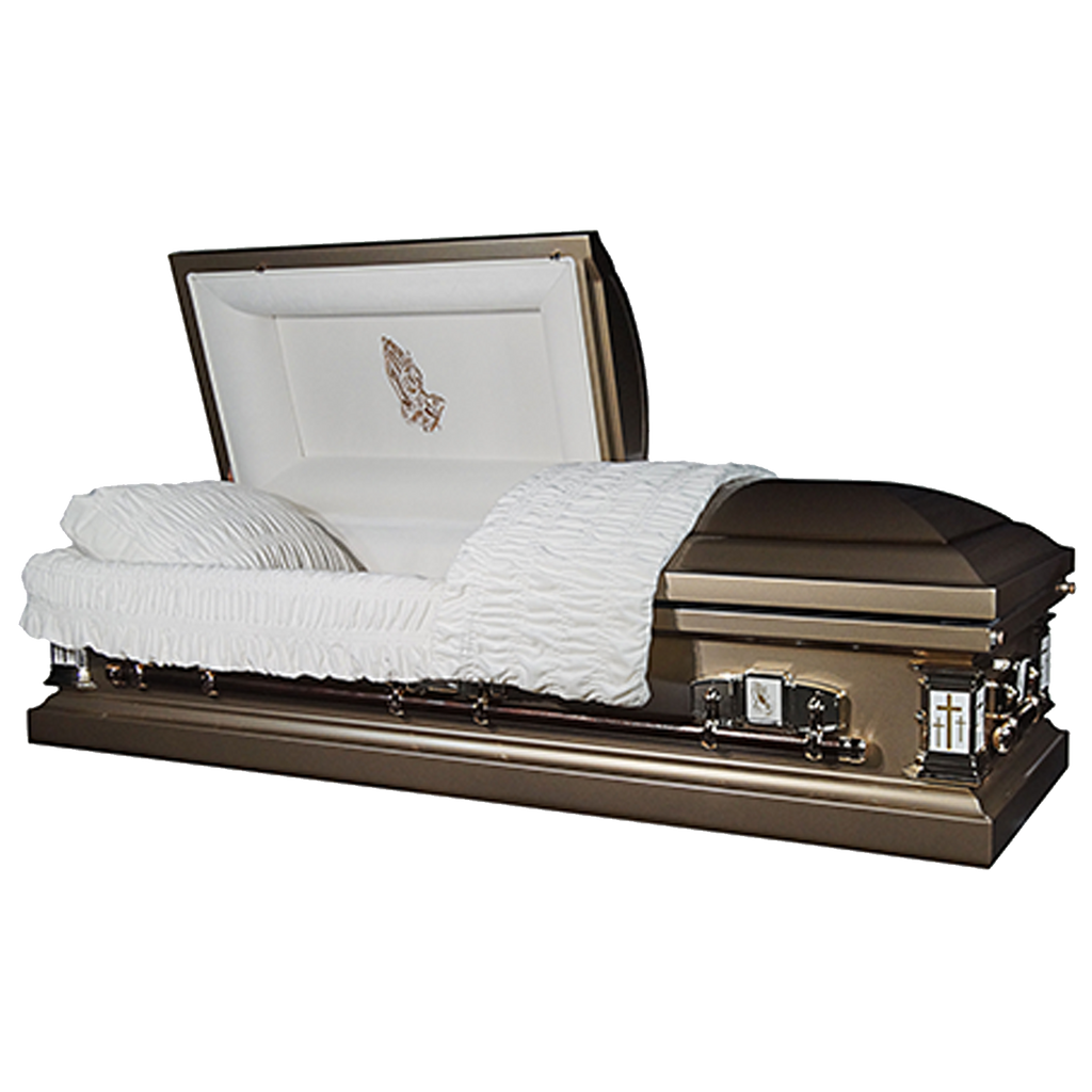 Themed Casket – Praying Hands — bronze 18-gauge steel with white velvet interior (view 2)