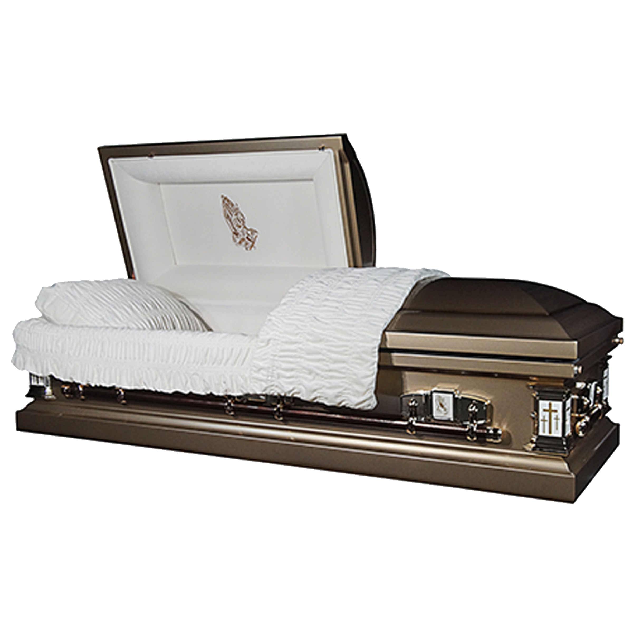 Themed Casket – Praying Hands — bronze 18-gauge steel with white velvet interior (view 2)