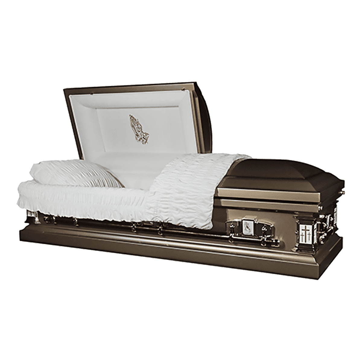 Themed Casket – Praying Hands — bronze 18-gauge steel with white velvet interior