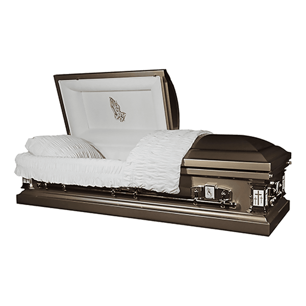 Themed Casket – Praying Hands — bronze 18-gauge steel with white velvet interior