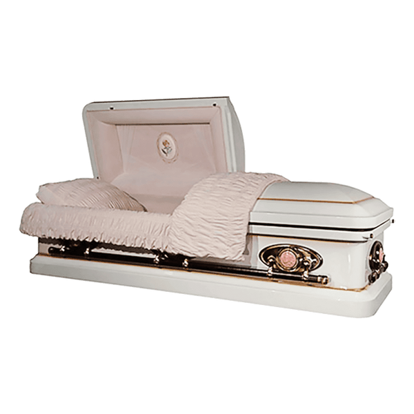 Priscilla casket — white 18-gauge steel with pink velvet interior