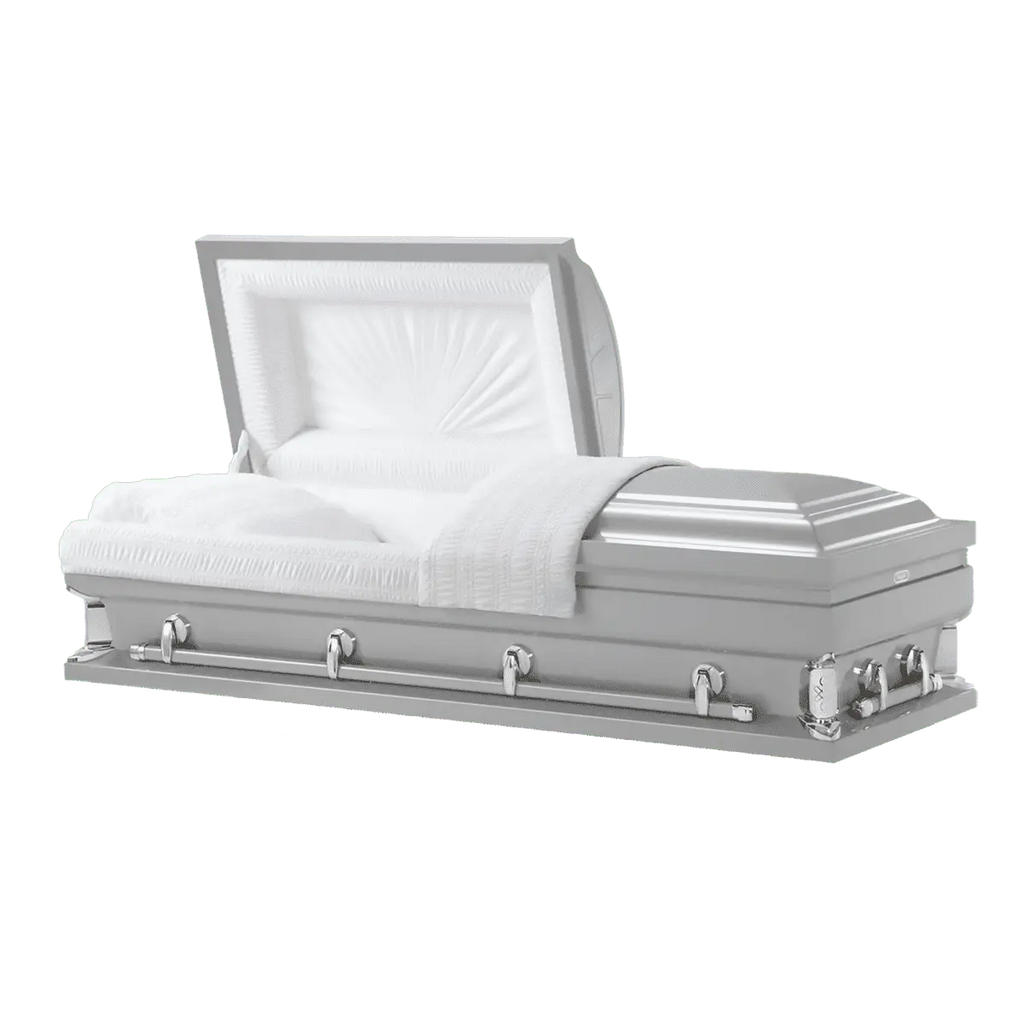 Magnus Series 32″ Silver Oversize Casket — silver 18-gauge steel with white velvet interior (view 3)