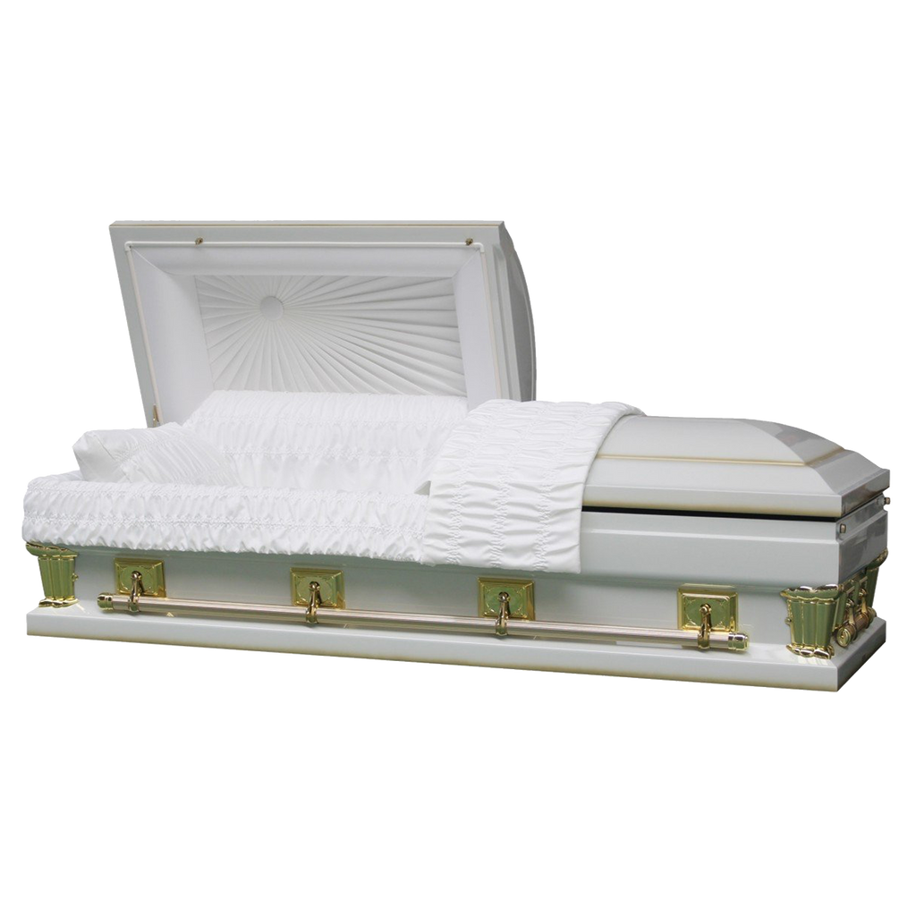 Magnus Series White and Gold casket — white 18-gauge steel with white velvet interior (view 2)