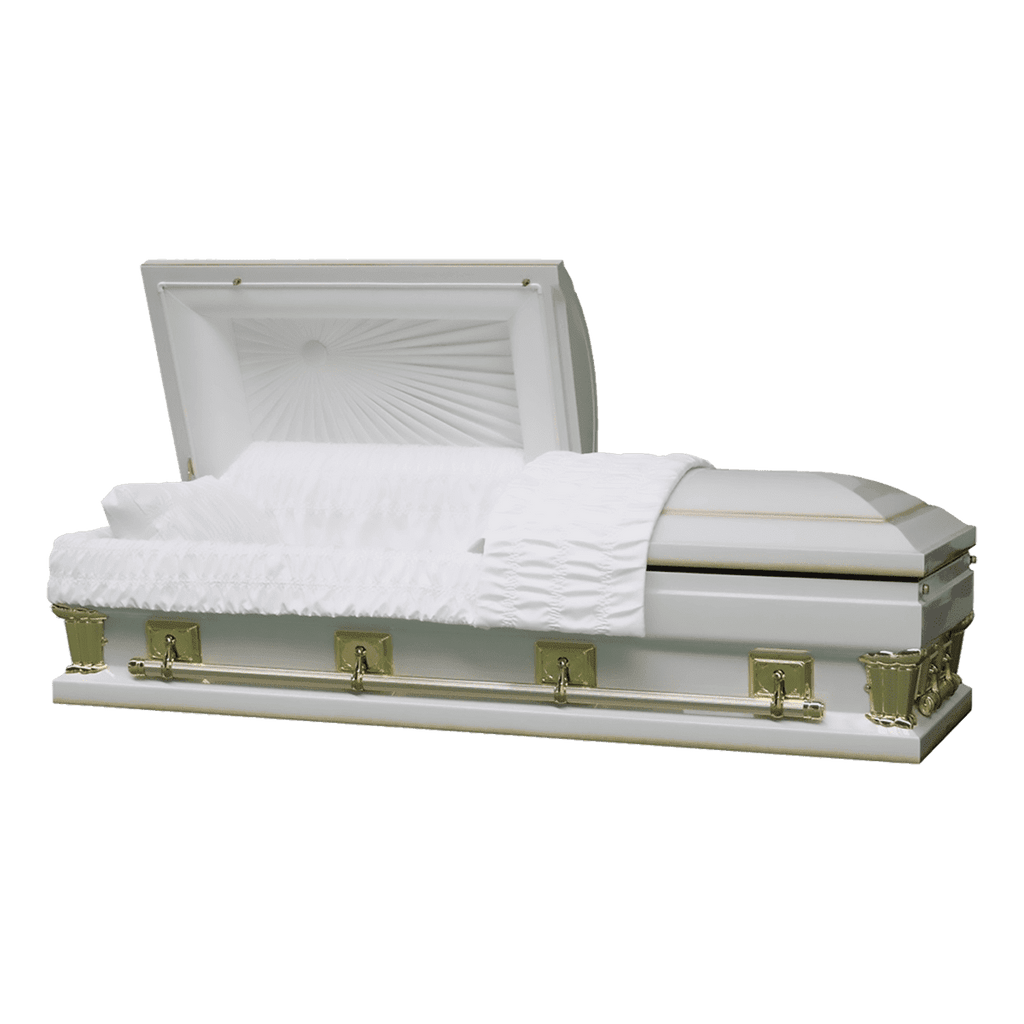 Magnus Series White and Gold casket — white 18-gauge steel with white velvet interior