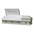 Magnus Series White and Gold casket — white 18-gauge steel with white velvet interior
