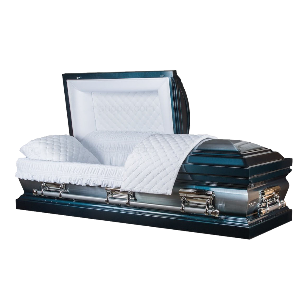 The Monarch Blue Metal Casket — blue 18-gauge steel with velvet interior (view 2)