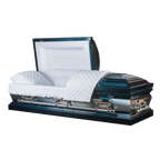 The Monarch Blue Metal Casket — blue 18-gauge steel with velvet interior (view 2)