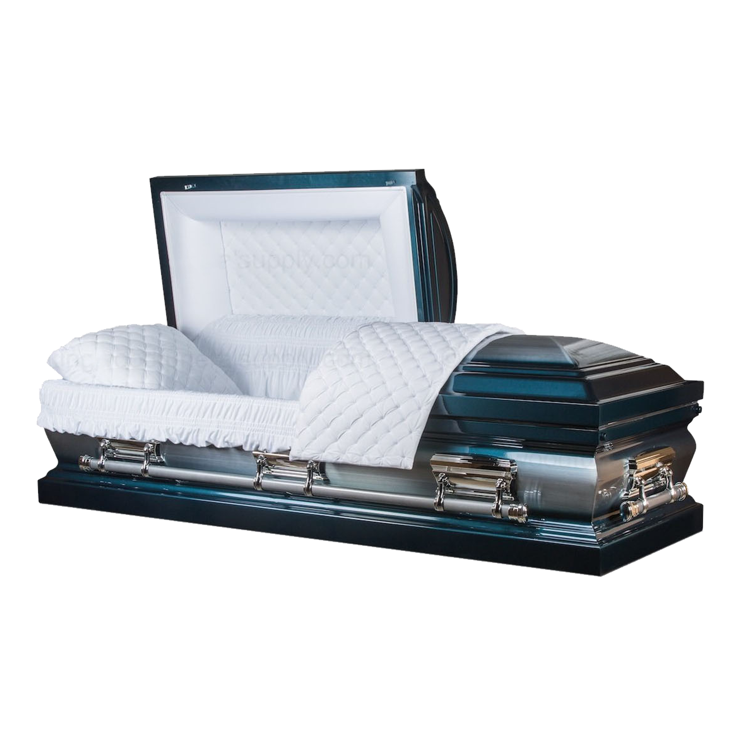 The Monarch Blue Metal Casket — blue 18-gauge steel with velvet interior (view 2)