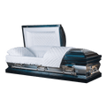 The Monarch Blue Metal Casket — blue 18-gauge steel with velvet interior