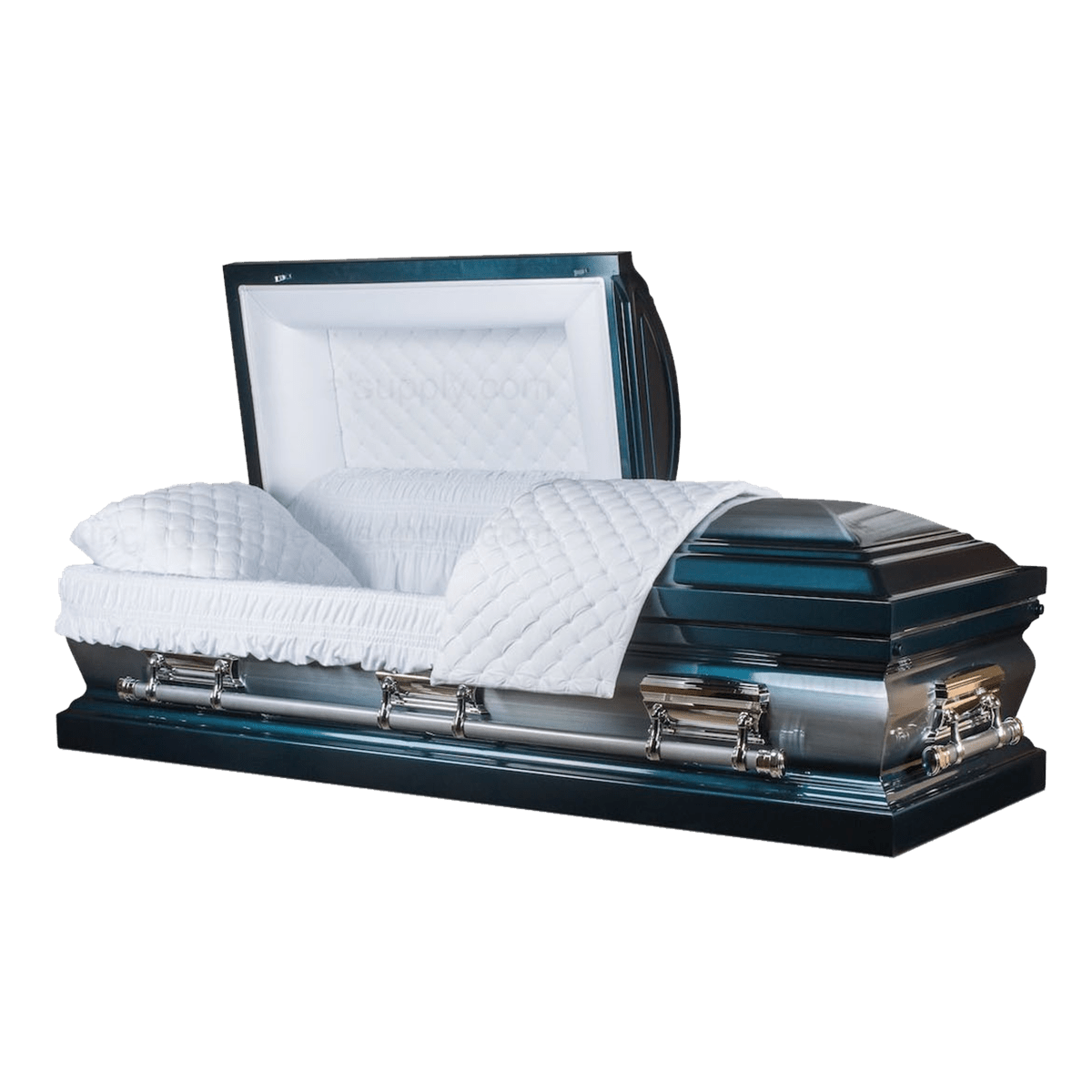The Monarch Blue Metal Casket — blue 18-gauge steel with velvet interior