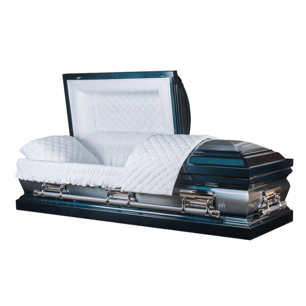 The Monarch Blue Metal Casket — blue 18-gauge steel with velvet interior