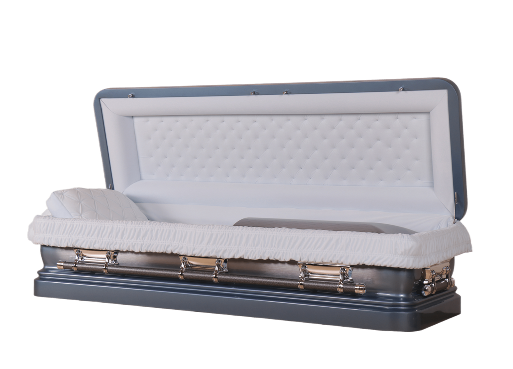 Venus Blue Full Couch casket — blue 18-gauge steel with blue velvet interior (view 2)