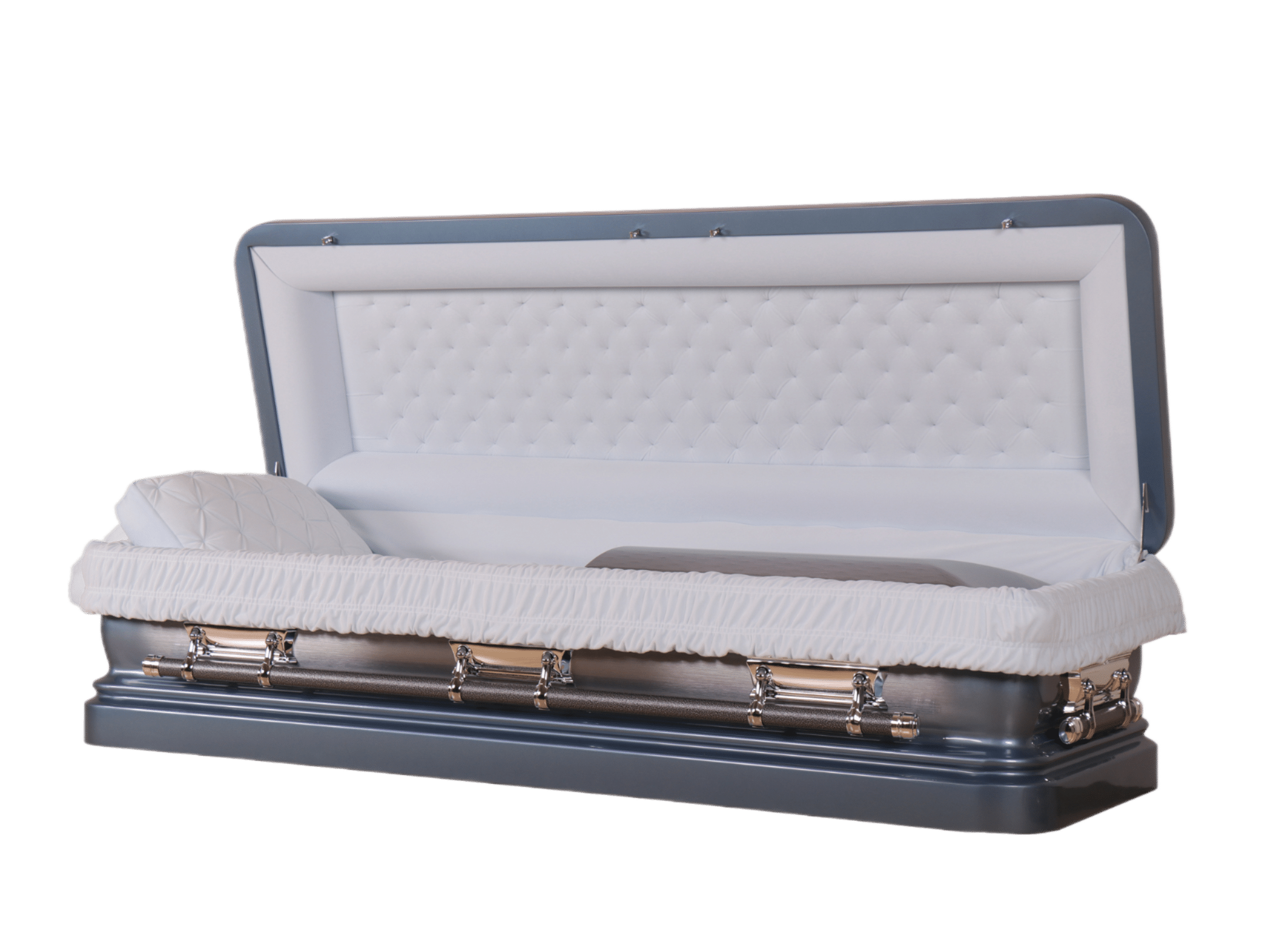 Venus Blue Full Couch casket — blue 18-gauge steel with blue velvet interior