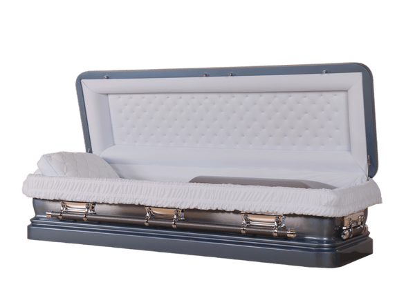 Venus Blue Full Couch casket — blue 18-gauge steel with blue velvet interior