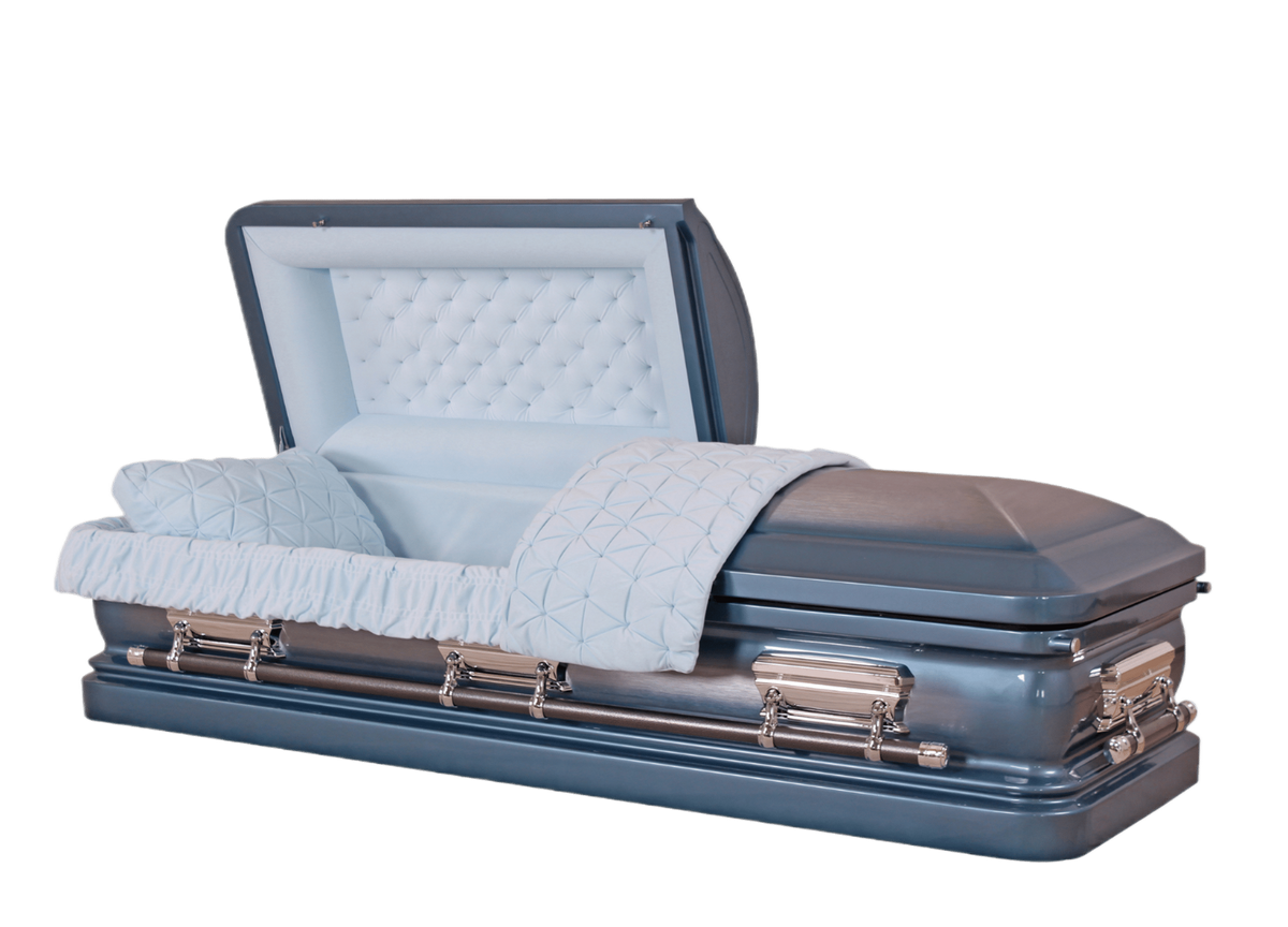 Venus Blue casket — blue 18-gauge steel with blue velvet interior (view 2)