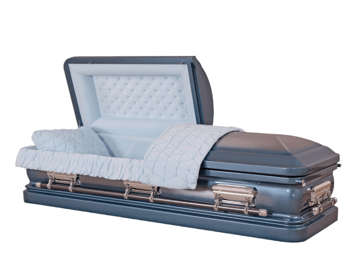 Venus Blue casket — blue 18-gauge steel with blue velvet interior