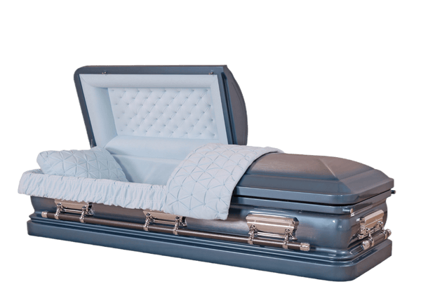 Venus Blue casket — blue 18-gauge steel with blue velvet interior