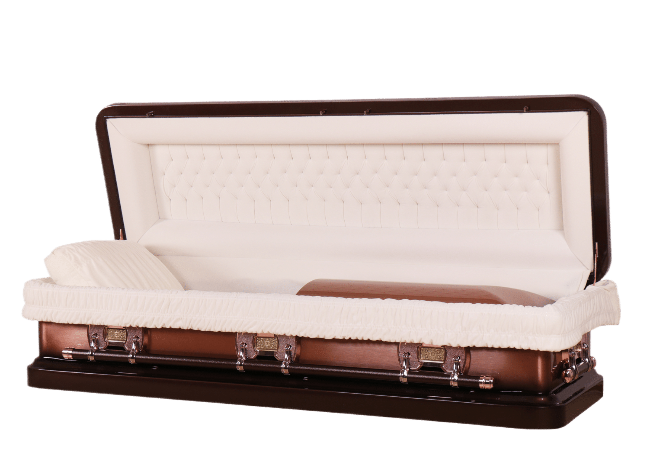 Venus Bronze Full Couch casket — bronze 18-gauge steel with ivory velvet interior