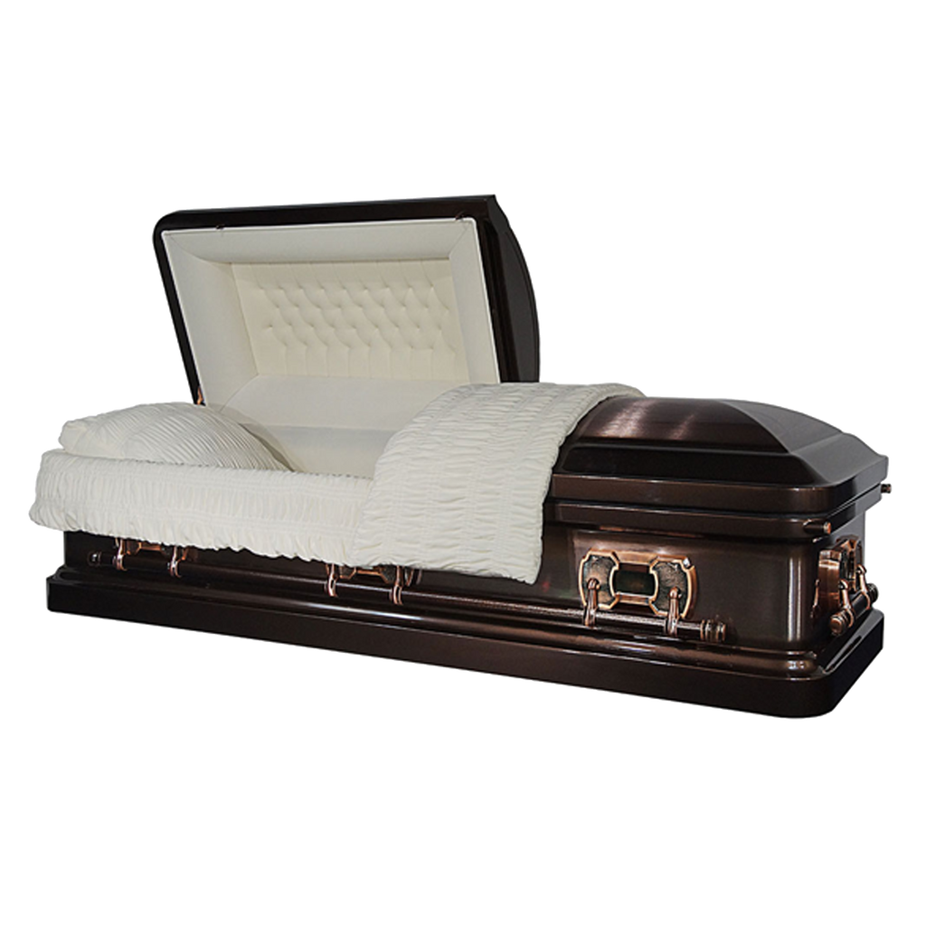 New York Red casket — red 18-gauge steel with white velvet interior (view 2)