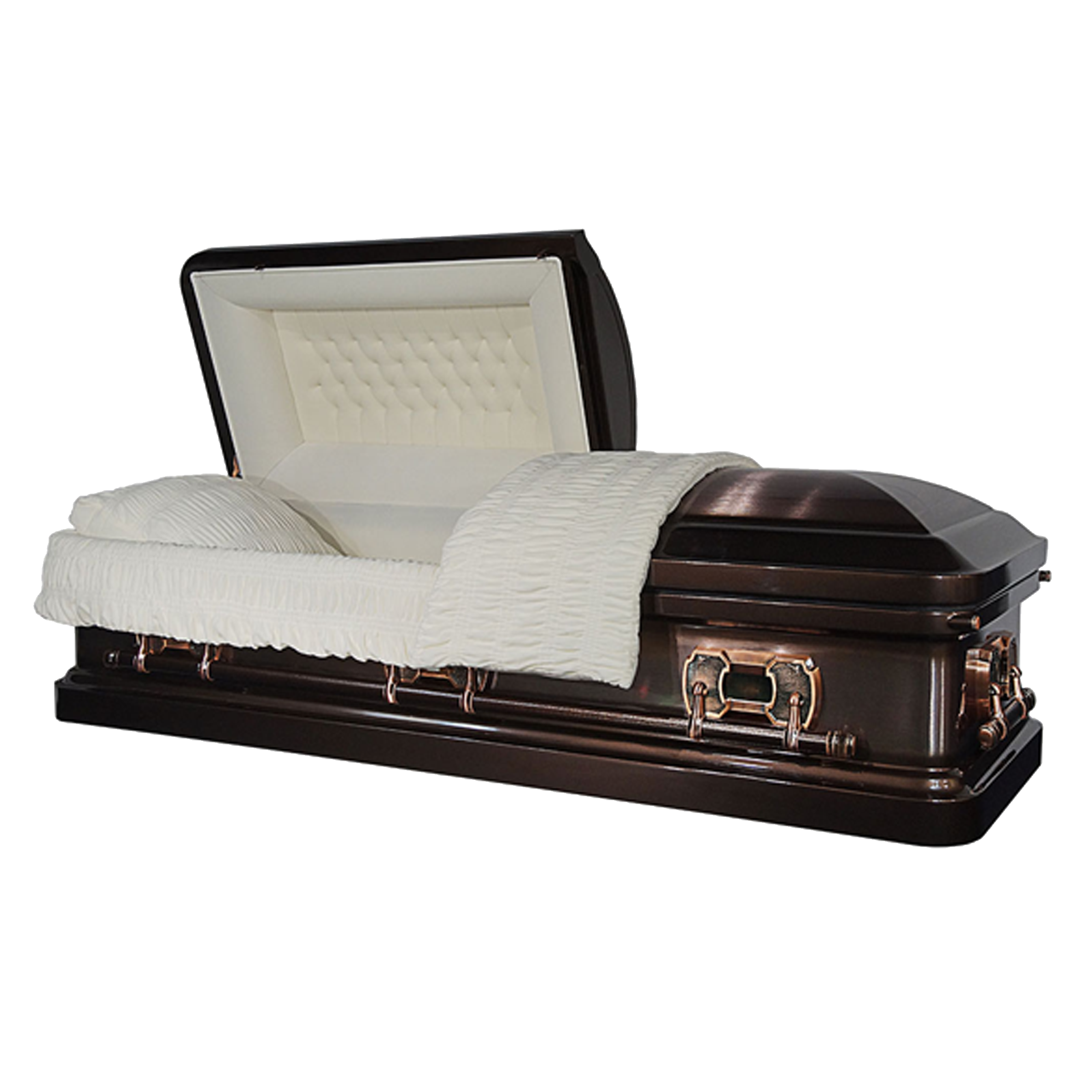New York Red casket — red 18-gauge steel with white velvet interior (view 2)