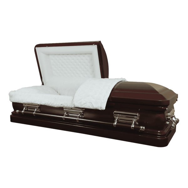 New York Red casket — red 18-gauge steel with white velvet interior