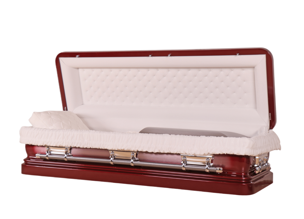 Venus Cabernet Full Couch casket — red 18-gauge steel with white velvet interior (view 2)
