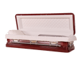 Venus Cabernet Full Couch casket — red 18-gauge steel with white velvet interior