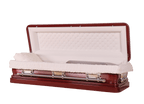 Venus Cabernet Full Couch casket — red 18-gauge steel with white velvet interior