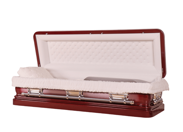 Venus Cabernet Full Couch casket — red 18-gauge steel with white velvet interior