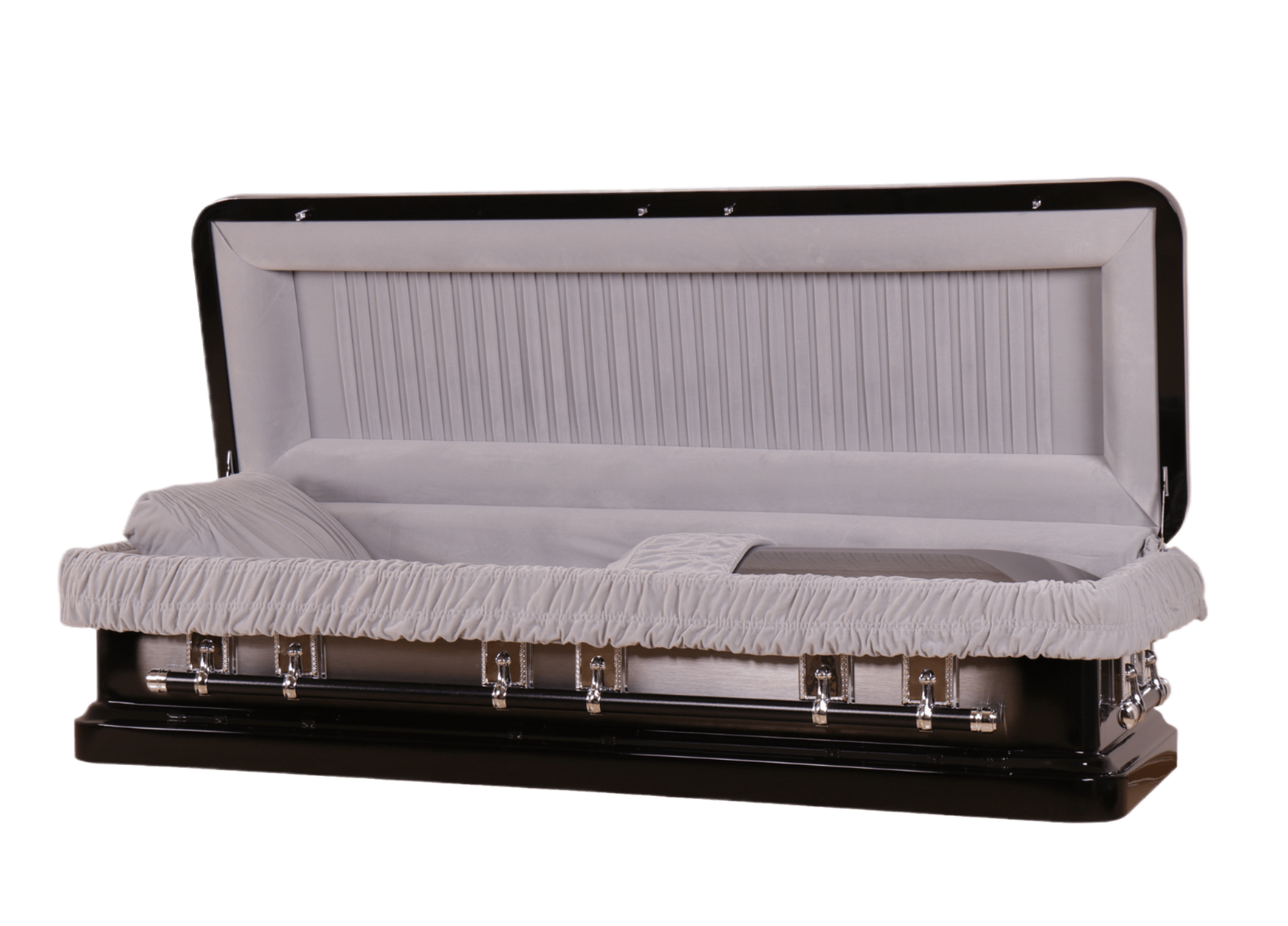 Venus Ebony Full Couch casket — ebony 18-gauge steel with gray velvet interior