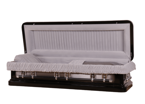 Venus Ebony Full Couch casket — ebony 18-gauge steel with gray velvet interior